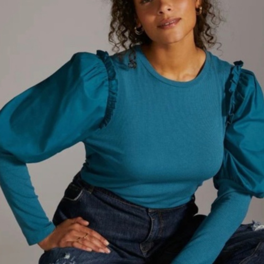 Anthropologie Sunday In Brooklyn Ruffled Contrast Top turquoise blue size medium